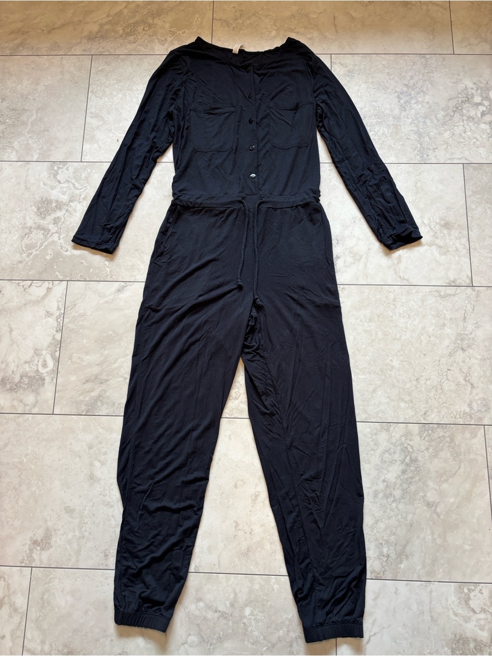 Lively Black Long-Sleeve Button-Front Drawstring Jumpsuit